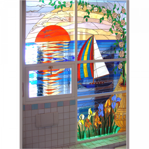 Pannello vetrata divisorio tra ingresso/bagno  " vela al tramonto "