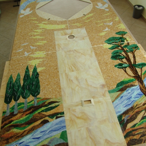 Cappella cimiteriale, realizzazione della fonte divina a mosaico 