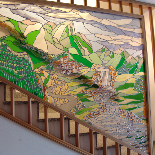Vetrata quadro su scala " paesaggio montano " come un grande mosaico